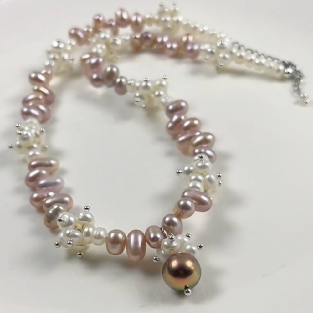 Natural Baroque Freshwater Pearl Pink and White Cluster Necklace #F11